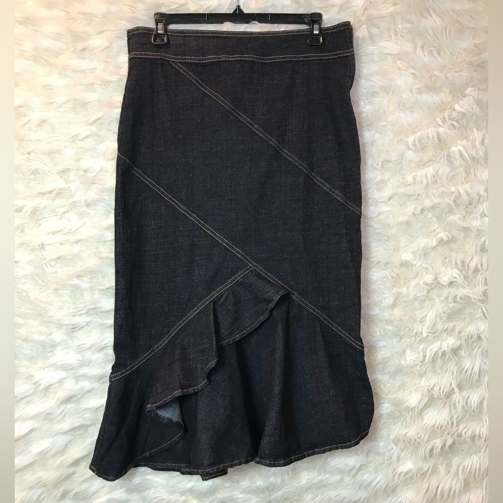 Encore Pencil Jean Skirt with Ruffle, Dark Blue, zipper size Large